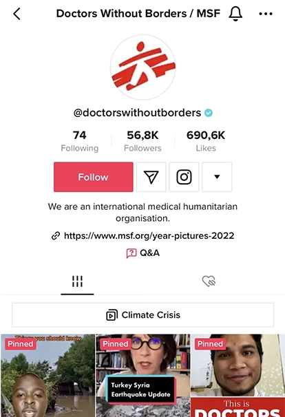 Page TikTok de Médecins Sans Frontières