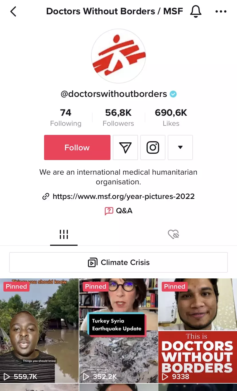 Page TikTok de Médecins Sans Frontières